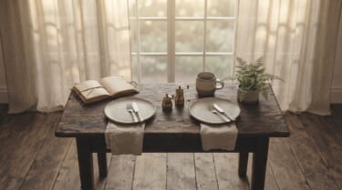 明るい光が差し込む部屋にあるダイニングテーブル